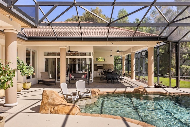 pool featuring an outdoor living space, a lanai, a ceiling fan, and a patio area