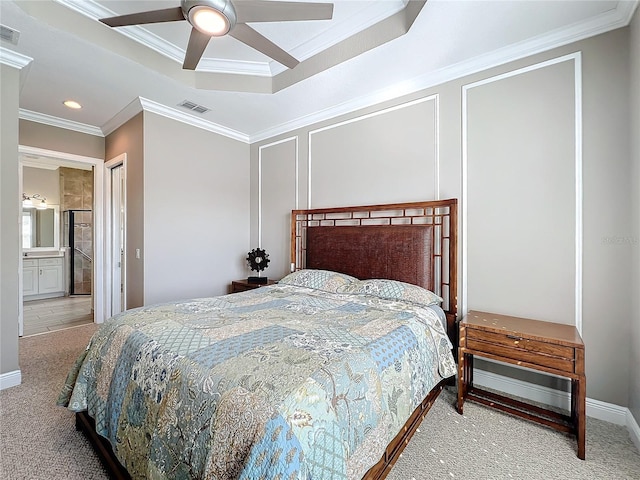 bedroom featuring visible vents, carpet flooring, crown molding, and a tray ceiling