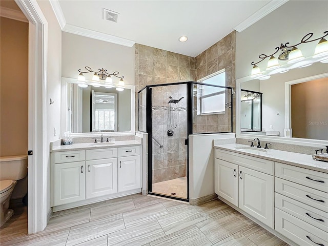 full bathroom featuring a shower stall, toilet, visible vents, and a sink