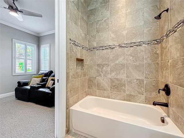 full bath with shower / bath combination, baseboards, ornamental molding, and a ceiling fan