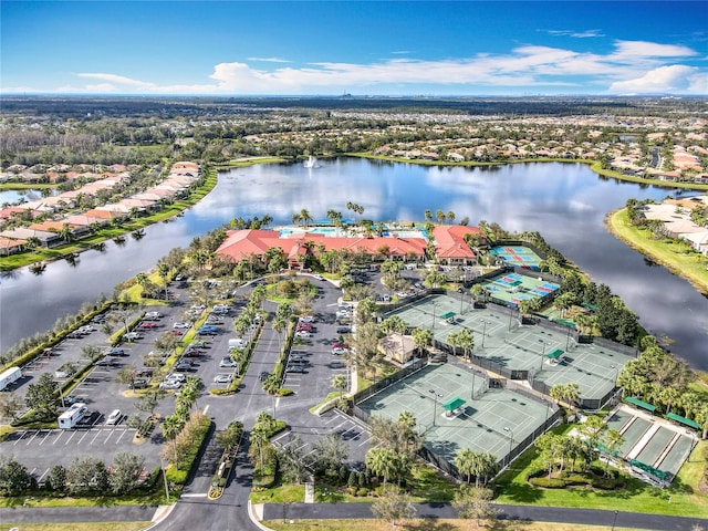 drone / aerial view with a water view