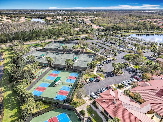 drone / aerial view with a water view