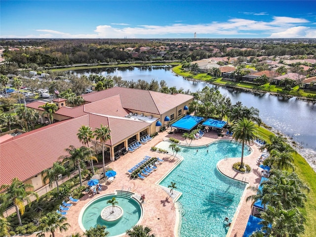 drone / aerial view with a water view