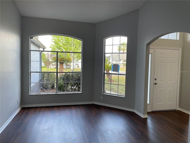 foyer entrance with arched walkways, a healthy amount of sunlight, and dark wood finished floors