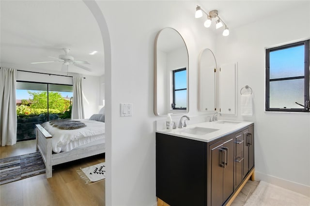 full bathroom with double vanity, wood finished floors, a ceiling fan, and a sink