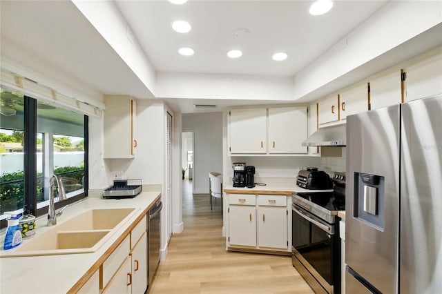 kitchen featuring light wood finished floors, under cabinet range hood, light countertops, stainless steel appliances, and a sink