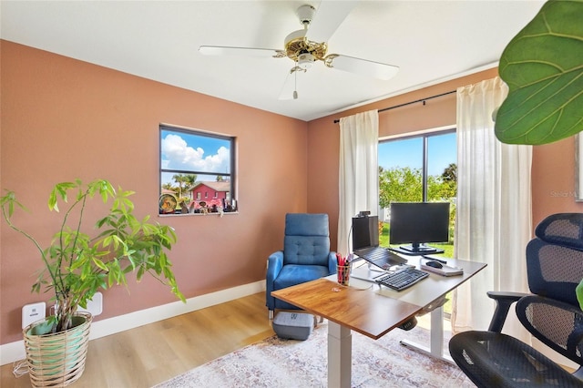 office space featuring a ceiling fan, baseboards, and wood finished floors