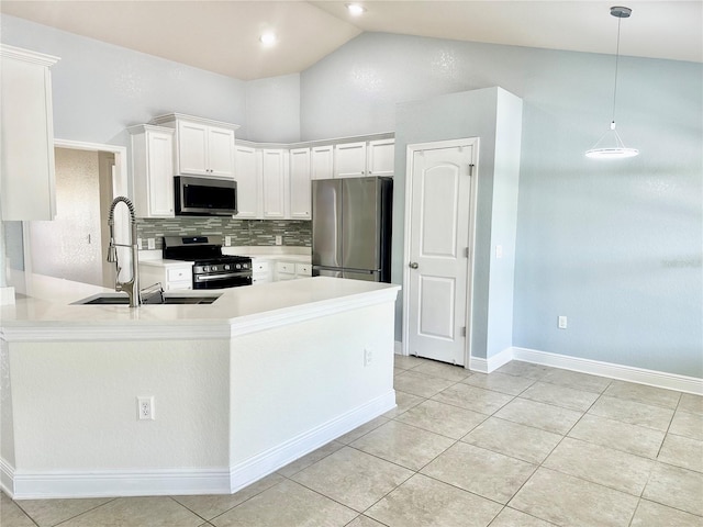 kitchen featuring a sink, stainless steel appliances, white cabinets, and light countertops