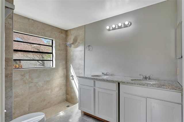 bathroom with a sink, toilet, and a tile shower