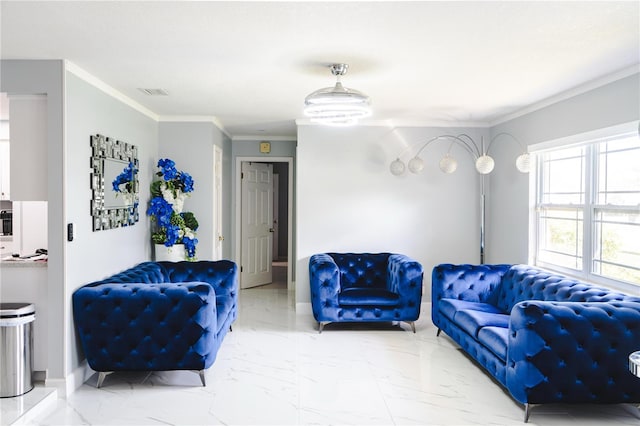 living area with visible vents, marble finish floor, crown molding, and baseboards