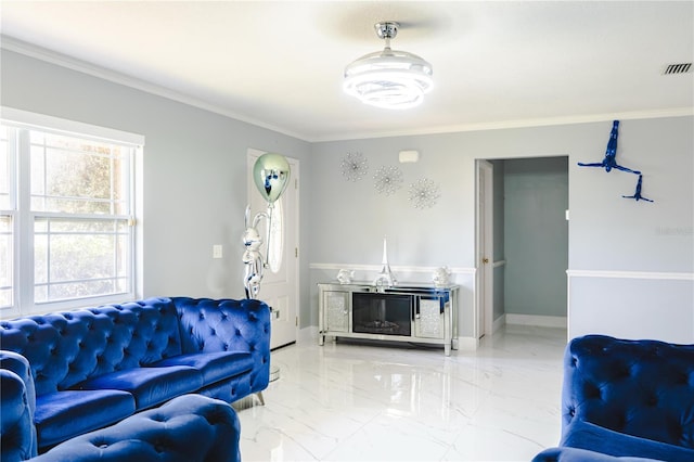 living room with visible vents, baseboards, marble finish floor, and ornamental molding