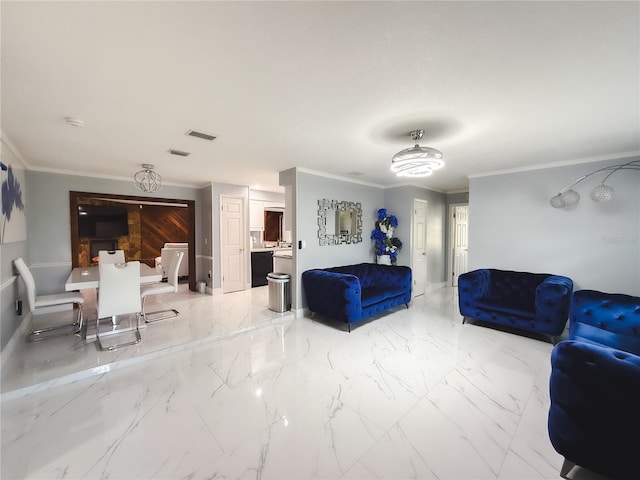 living room with visible vents, marble finish floor, and crown molding