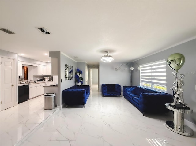 living area with visible vents, marble finish floor, and ornamental molding