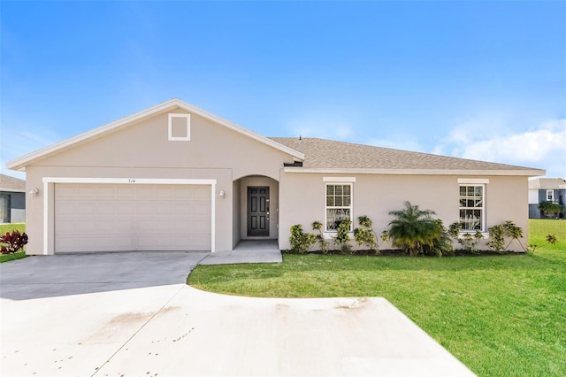 single story home featuring stucco siding, driveway, and a front yard