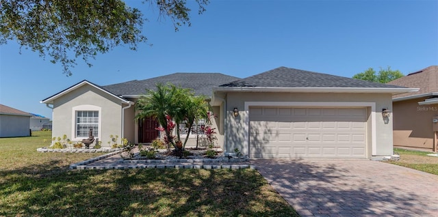 single story home with a front lawn, decorative driveway, a garage, and stucco siding