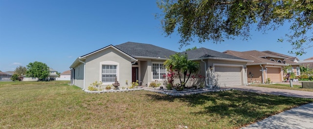 ranch-style house featuring stucco siding, an attached garage, concrete driveway, and a front yard