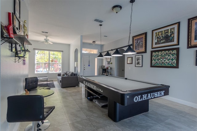 recreation room with visible vents, billiards, arched walkways, baseboards, and ceiling fan