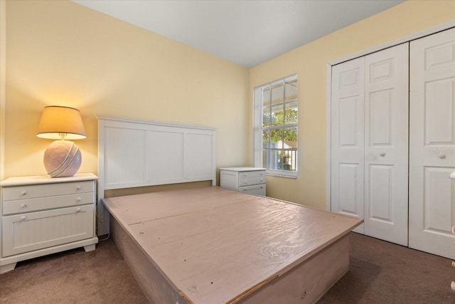 bedroom featuring dark colored carpet and a closet