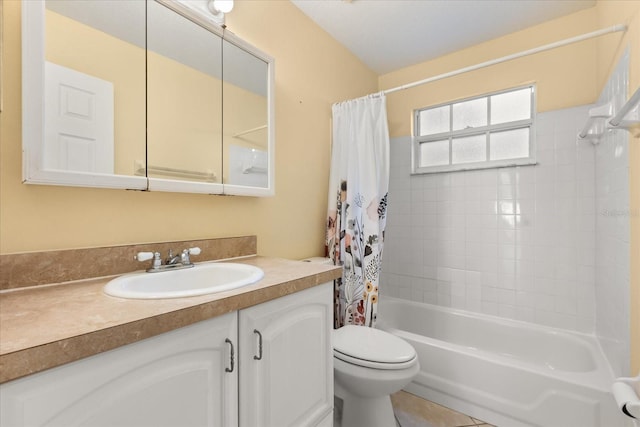 bathroom featuring vanity, toilet, shower / tub combo, and tile patterned flooring