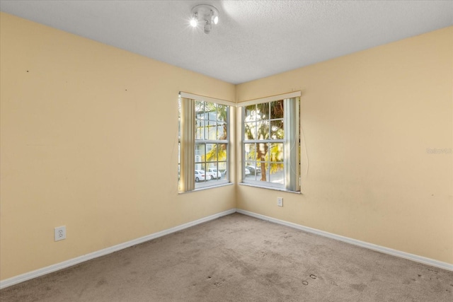 empty room featuring a textured ceiling, baseboards, and carpet