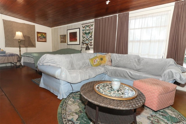 living area featuring wooden ceiling