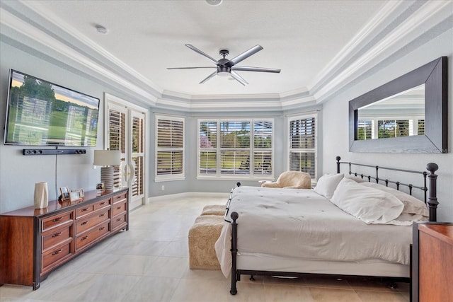 bedroom with light tile patterned floors, a ceiling fan, baseboards, and ornamental molding