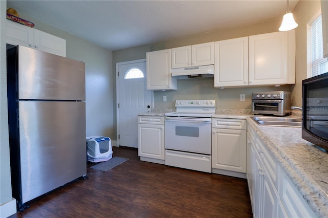 kitchen featuring under cabinet range hood, freestanding refrigerator, white cabinetry, white electric range, and dark wood-style flooring