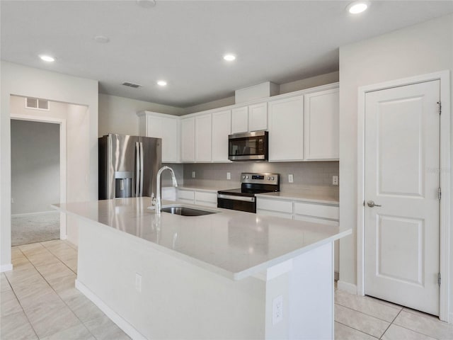 kitchen featuring visible vents, decorative backsplash, appliances with stainless steel finishes, white cabinets, and a sink