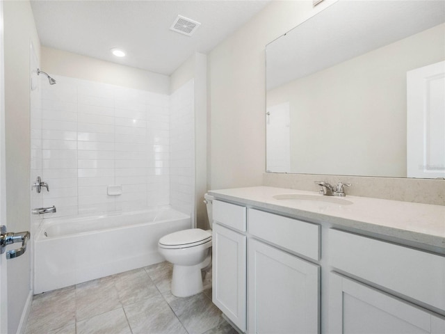 bathroom with visible vents, toilet,  shower combination, tile patterned flooring, and vanity