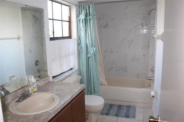 full bath with vanity, tile patterned floors, shower / tub combo, and toilet