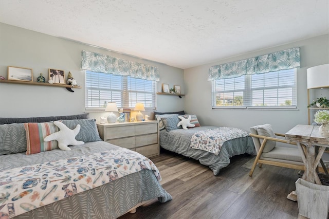 bedroom featuring multiple windows, wood finished floors, and a textured ceiling