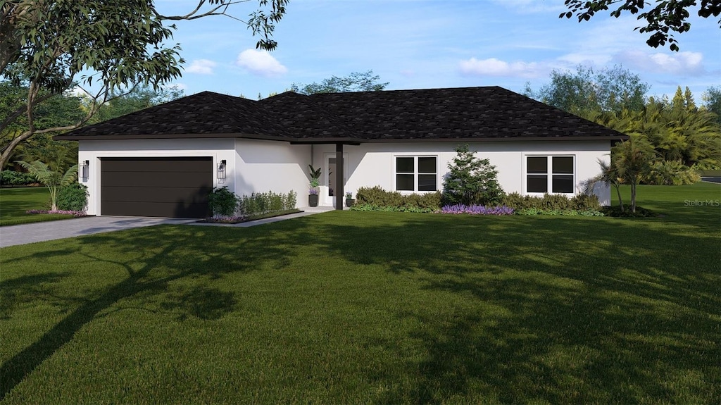 single story home featuring a front lawn, an attached garage, driveway, and stucco siding