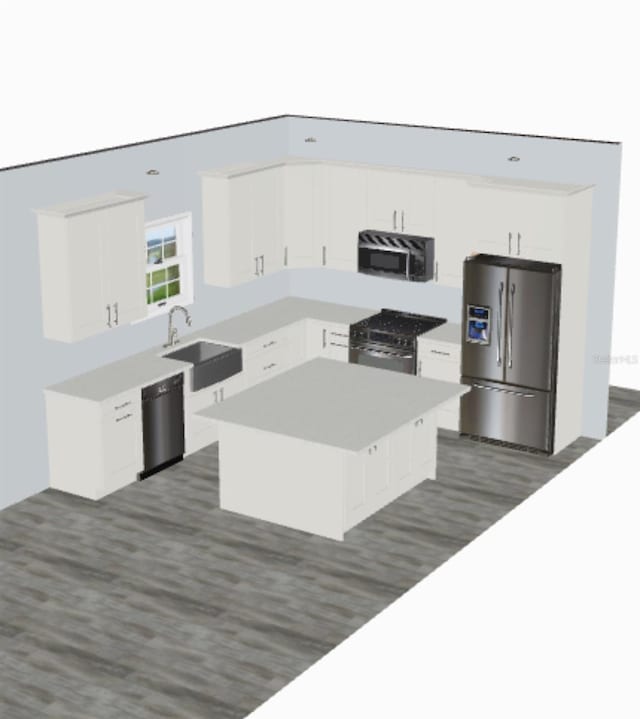 kitchen featuring white cabinetry, appliances with stainless steel finishes, a kitchen island, and a sink