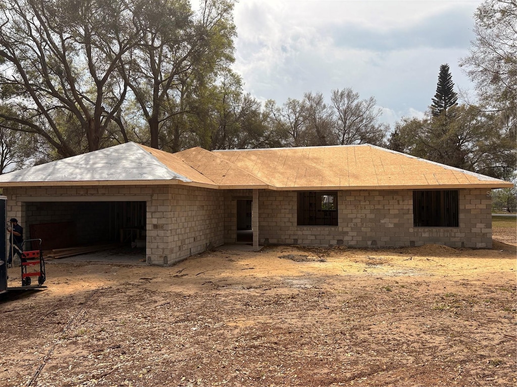 view of front of property with a garage and concrete block siding