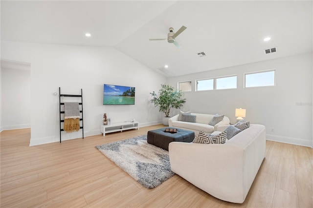 16689 Broadwater Ave, Winter Garden, FL 34787 - living room with light wood-type flooring, a ceiling fan, visible vents, and lofted ceiling