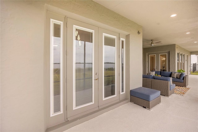 16689 Broadwater Ave, Winter Garden, FL 34787 - exterior space featuring ceiling fan, outdoor lounge area, french doors, and stucco siding