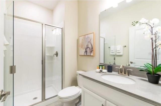 bathroom with vanity, toilet, and a stall shower