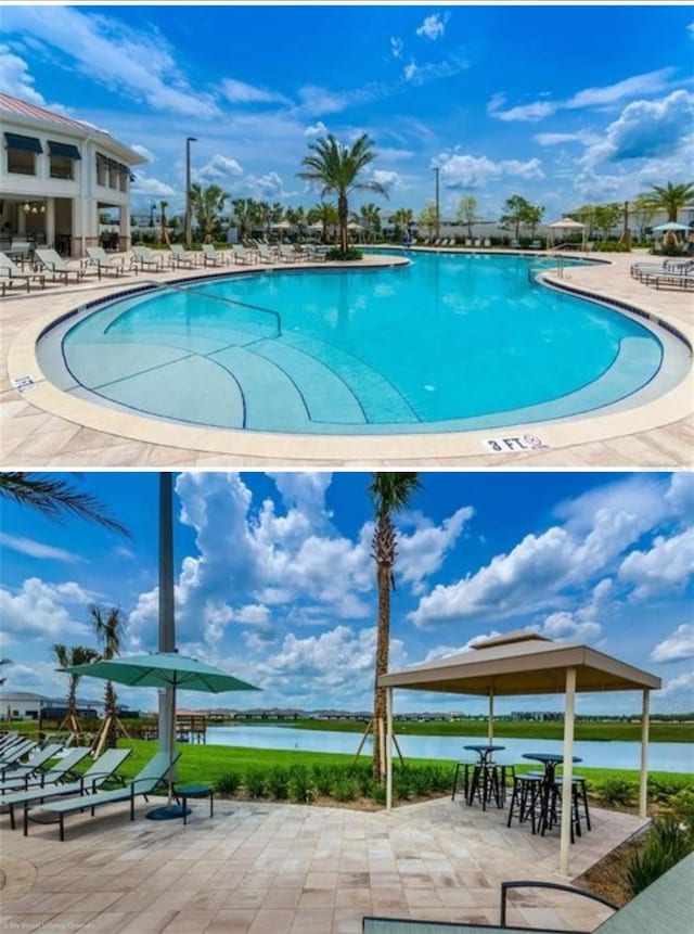 pool with a patio and a water view
