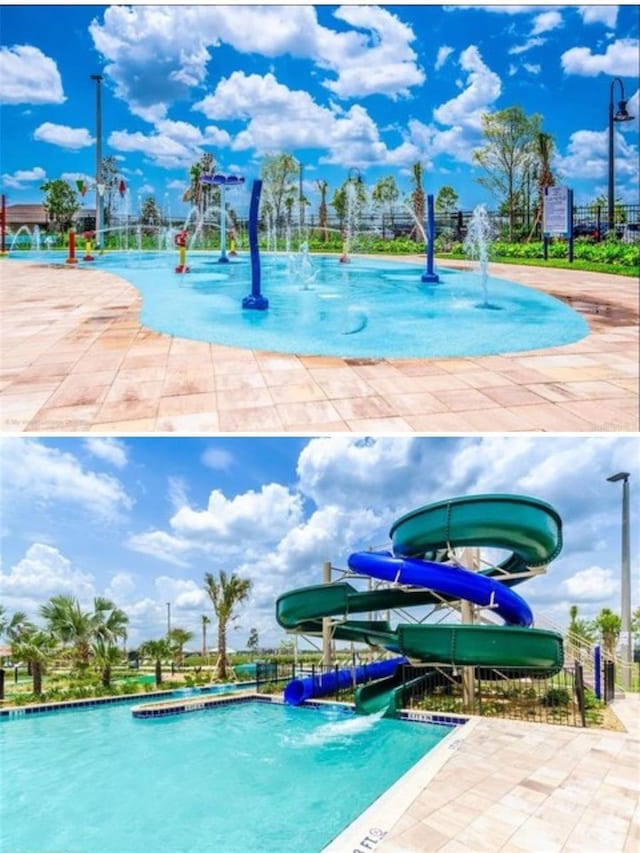 view of swimming pool with a water slide and a water play area