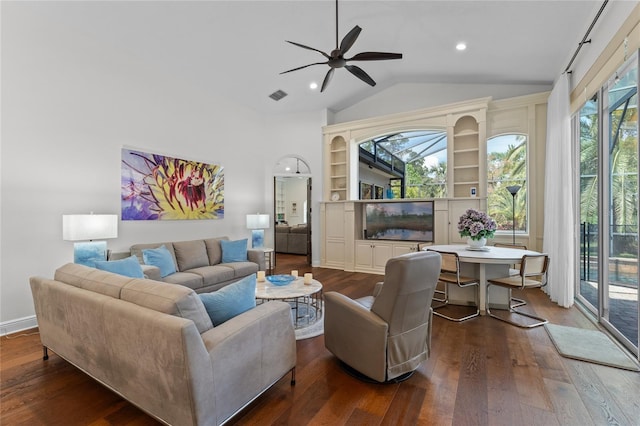 living room with visible vents, recessed lighting, vaulted ceiling, dark wood finished floors, and a ceiling fan