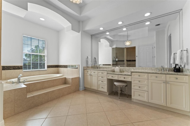 full bath featuring a bath, visible vents, tile patterned flooring, vanity, and recessed lighting