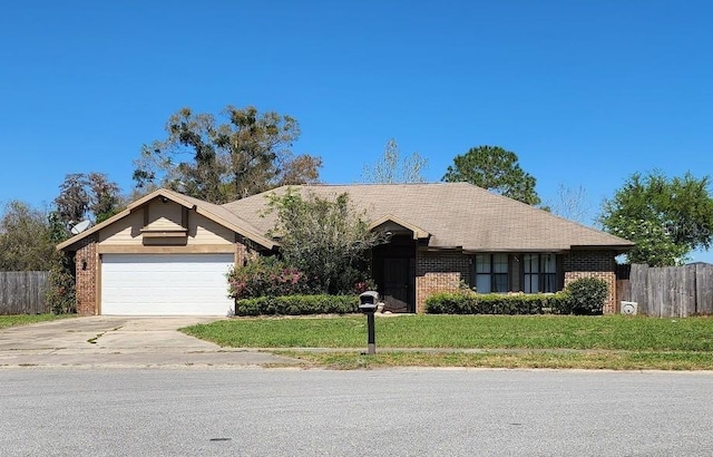 single story home featuring brick siding, an attached garage, concrete driveway, and a front lawn