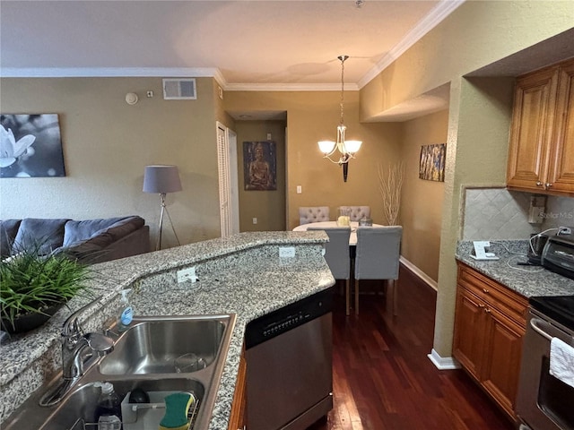 kitchen featuring dark wood-style floors, visible vents, a sink, stainless steel dishwasher, and a chandelier