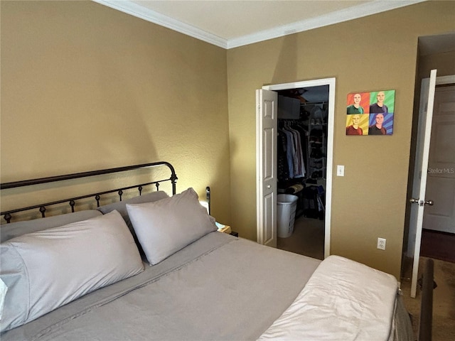 bedroom featuring a spacious closet, a closet, and ornamental molding