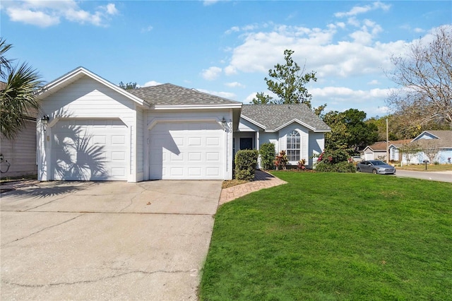 ranch-style home with a garage, driveway, a front yard, and a shingled roof