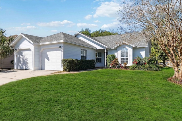 ranch-style house with a shingled roof, an attached garage, driveway, and a front lawn
