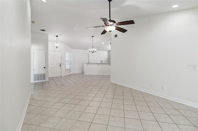 unfurnished living room featuring visible vents, light tile patterned floors, baseboards, ceiling fan with notable chandelier, and lofted ceiling