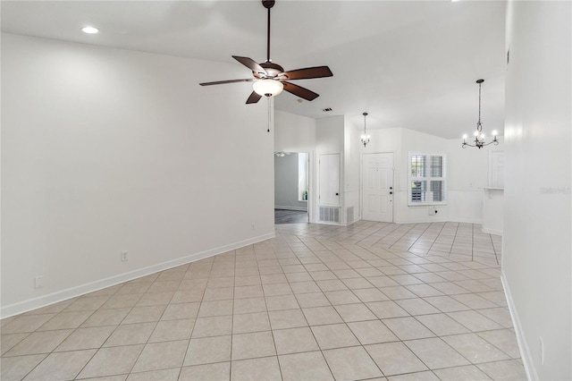 unfurnished living room featuring light tile patterned flooring, baseboards, recessed lighting, and ceiling fan with notable chandelier