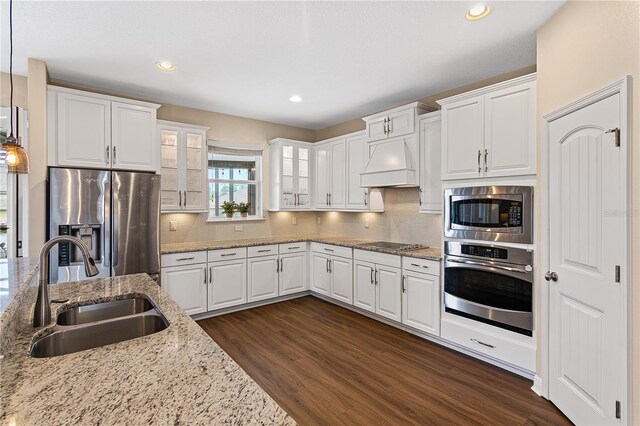 kitchen with a sink, tasteful backsplash, dark wood finished floors, appliances with stainless steel finishes, and custom exhaust hood