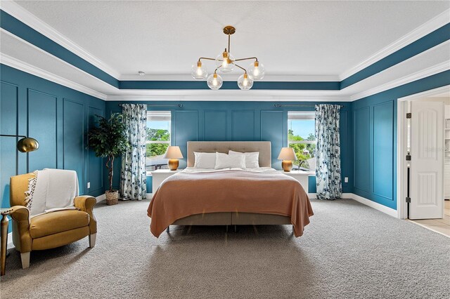 bedroom with light carpet, a decorative wall, crown molding, and an inviting chandelier